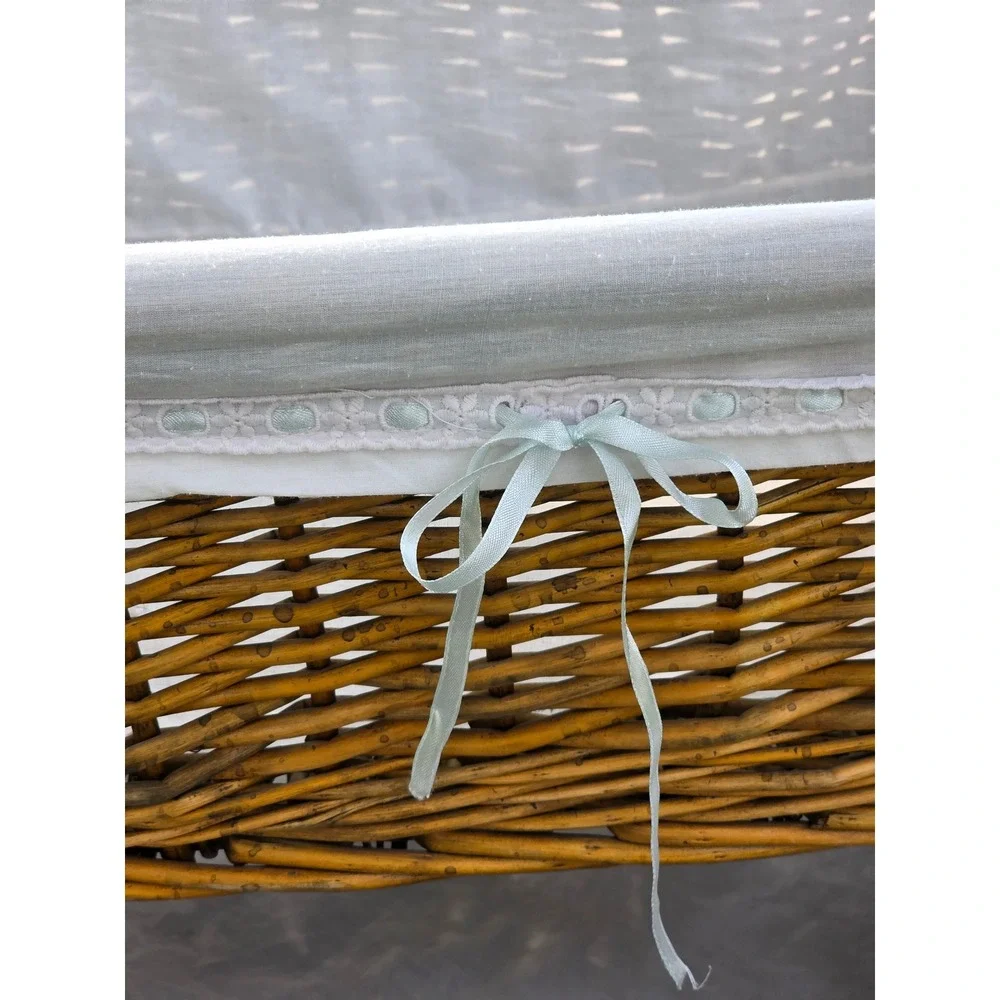 Set of 2 Woven Willow Storage Baskets with Lace Trim Fabric Liners Brown White